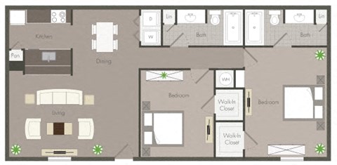 Floor plan for 2 beds, 2 baths, 1053 sqft